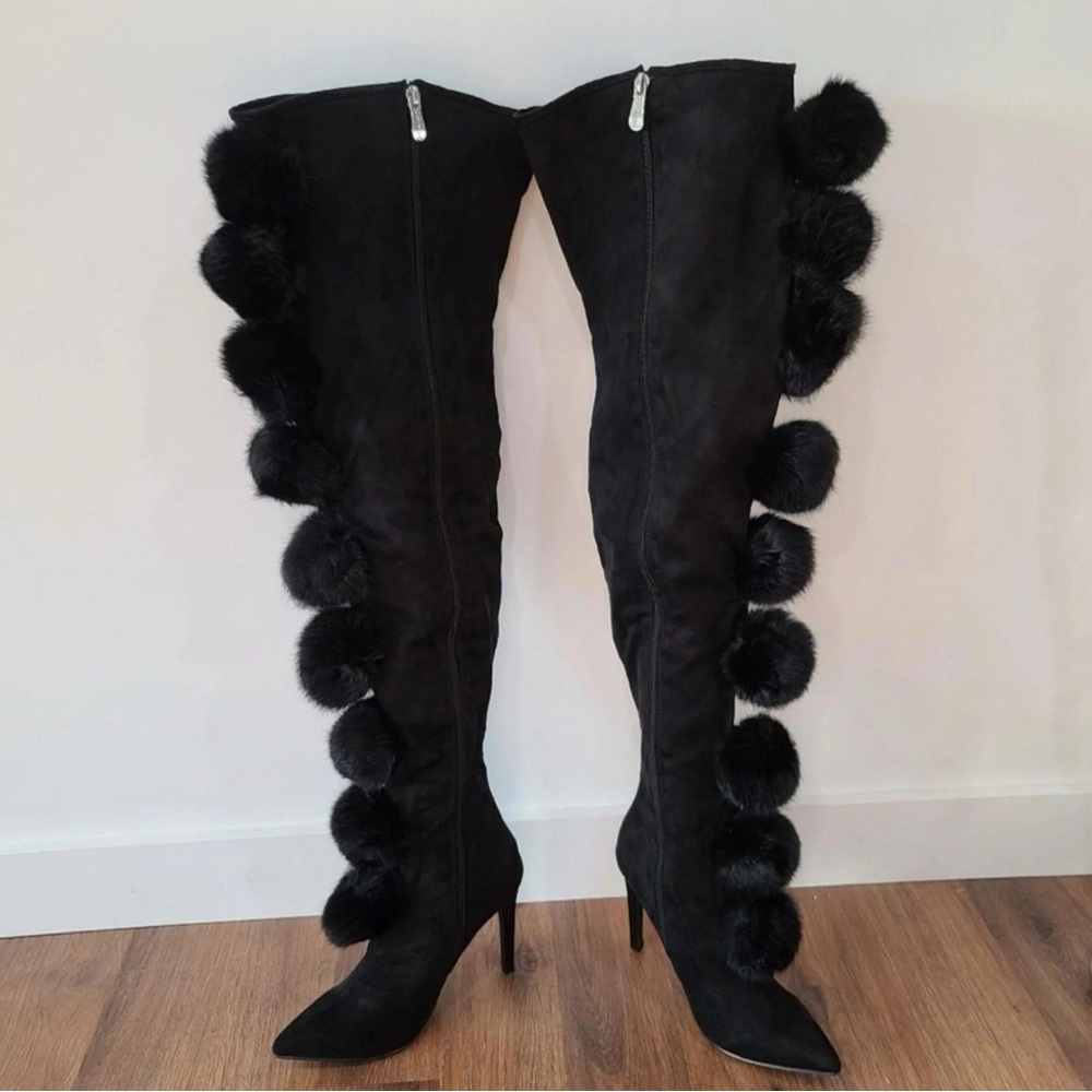 New in Box-Cape Robbin Size 8-Black GiGi Faux Fur Pom Pom Thigh High Heel Boots